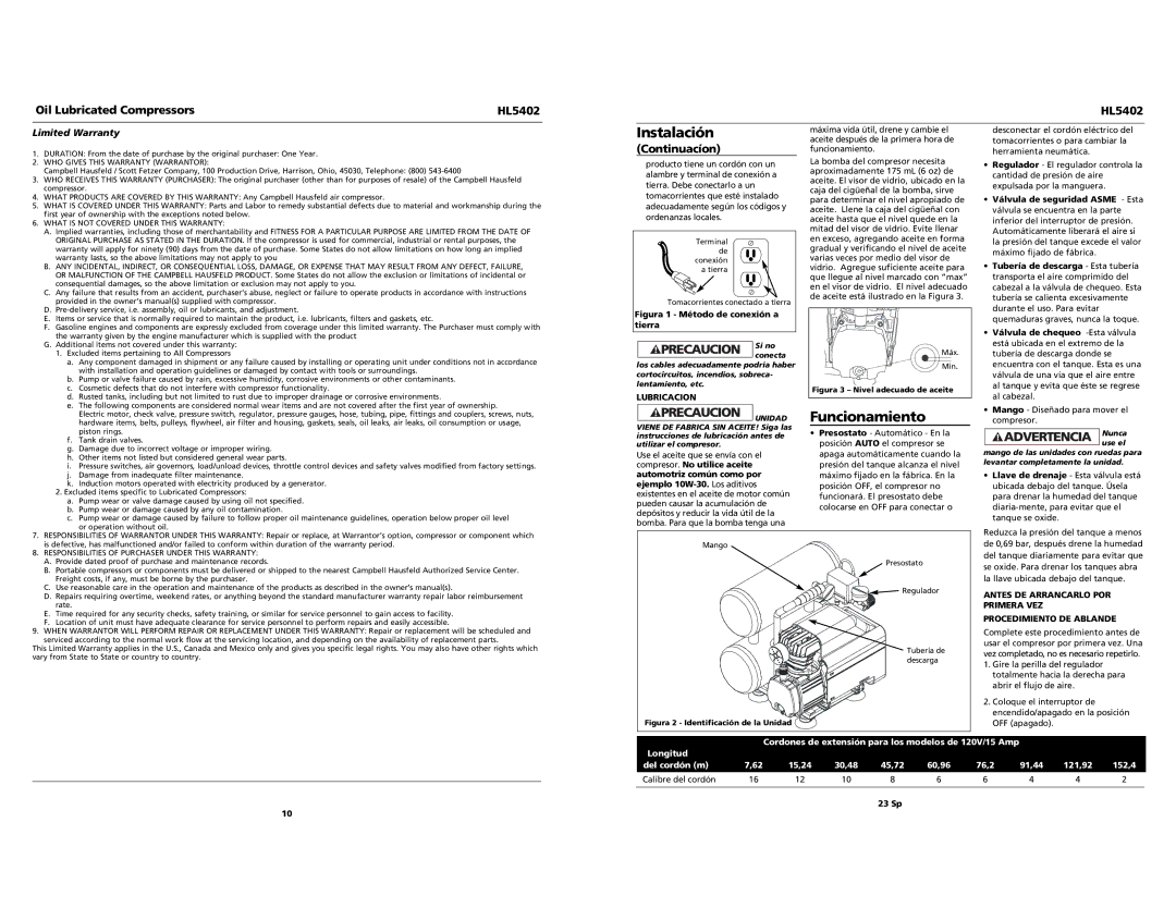 Campbell Hausfeld HL5402 Instalación, Válvula de seguridad Asme Esta, Tubería de descarga Esta tubería, Lubricacion 