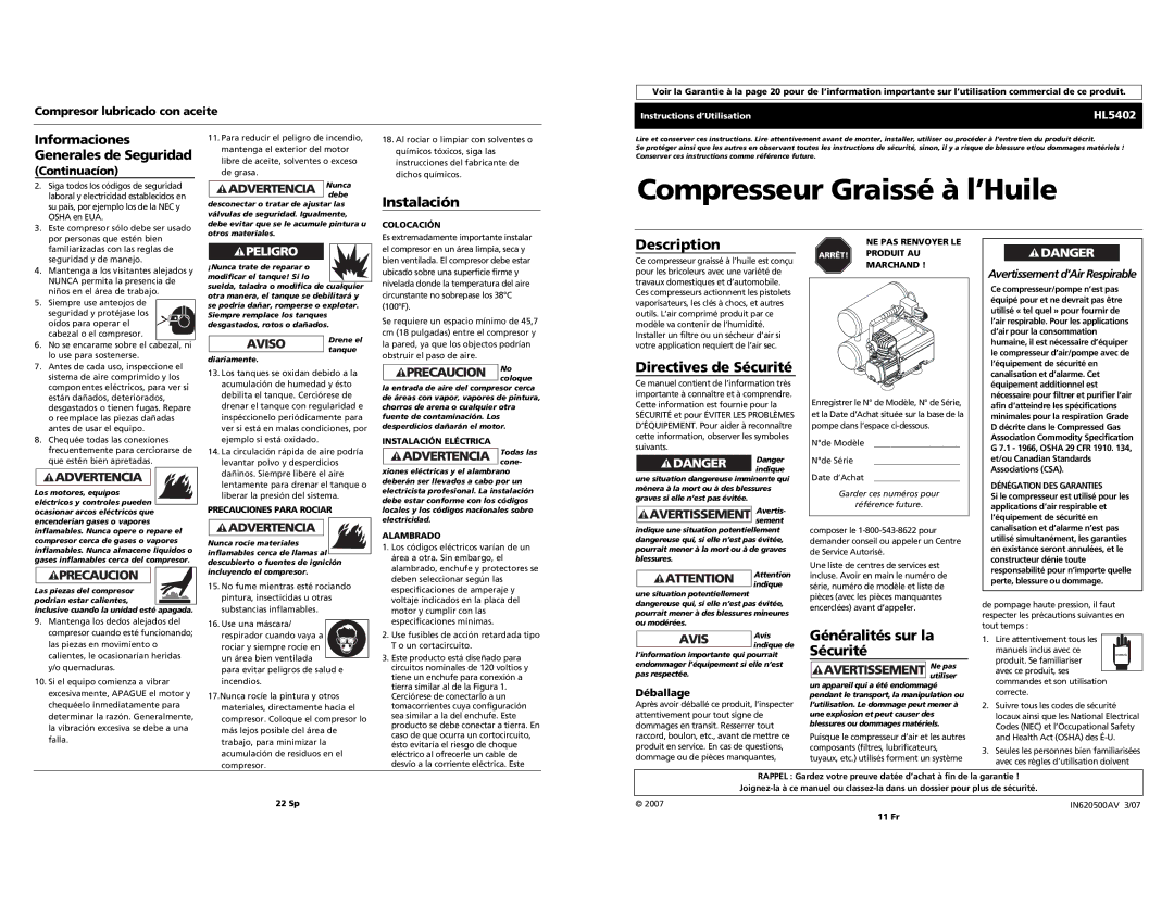 Campbell Hausfeld HL5402 Directives de Sécurité, Généralités sur la Sécurité, Compresor lubricado con aceite, Déballage 