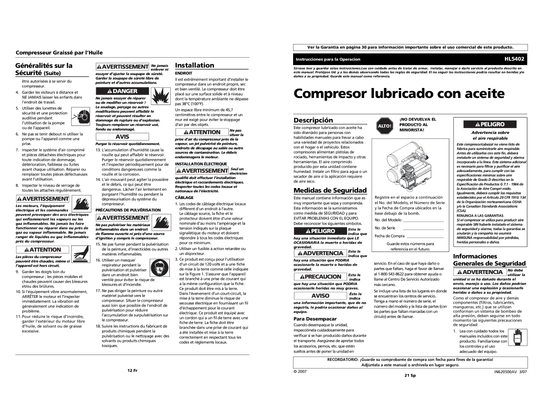 Campbell Hausfeld HL5402 Généralités sur la Sécurité Suite, Descripción, Medidas de Seguridad, Para Desempacar 