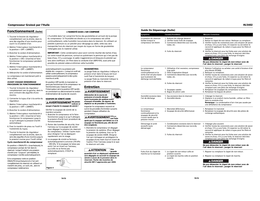 Campbell Hausfeld HL5402 operating instructions Fonctionnement Suite, Entretien, Guide De Dépannage Suite 