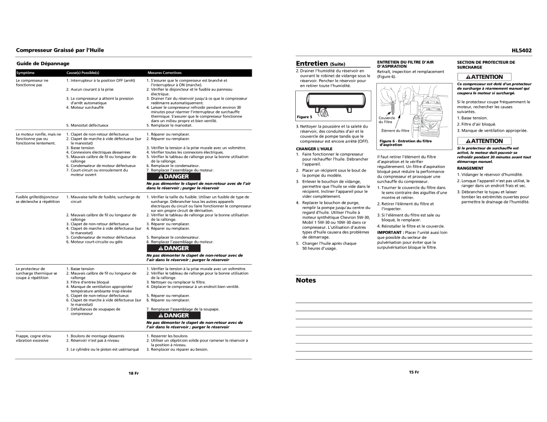 Campbell Hausfeld operating instructions Entretien Suite, Compresseur Graissé par l’Huile HL5402 Guide de Dépannage 