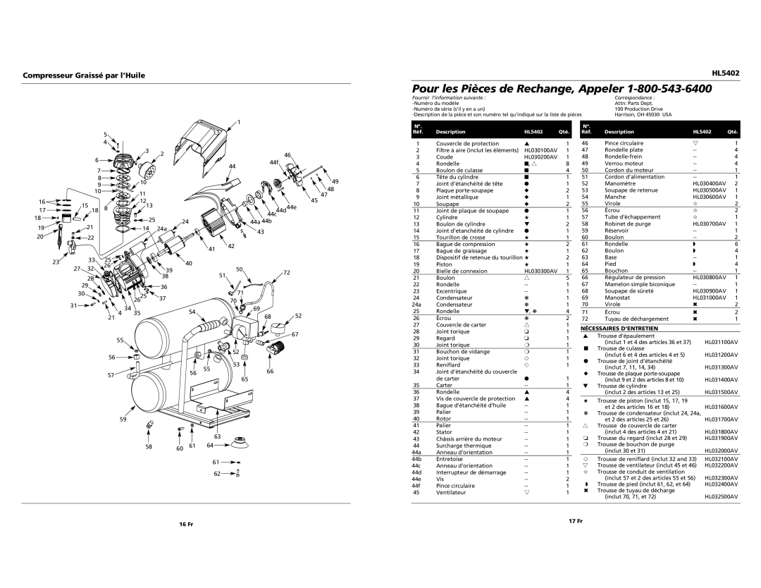 Campbell Hausfeld HL5402 operating instructions Nécessaires D’ENTRETIEN, 16 Fr 17 Fr 