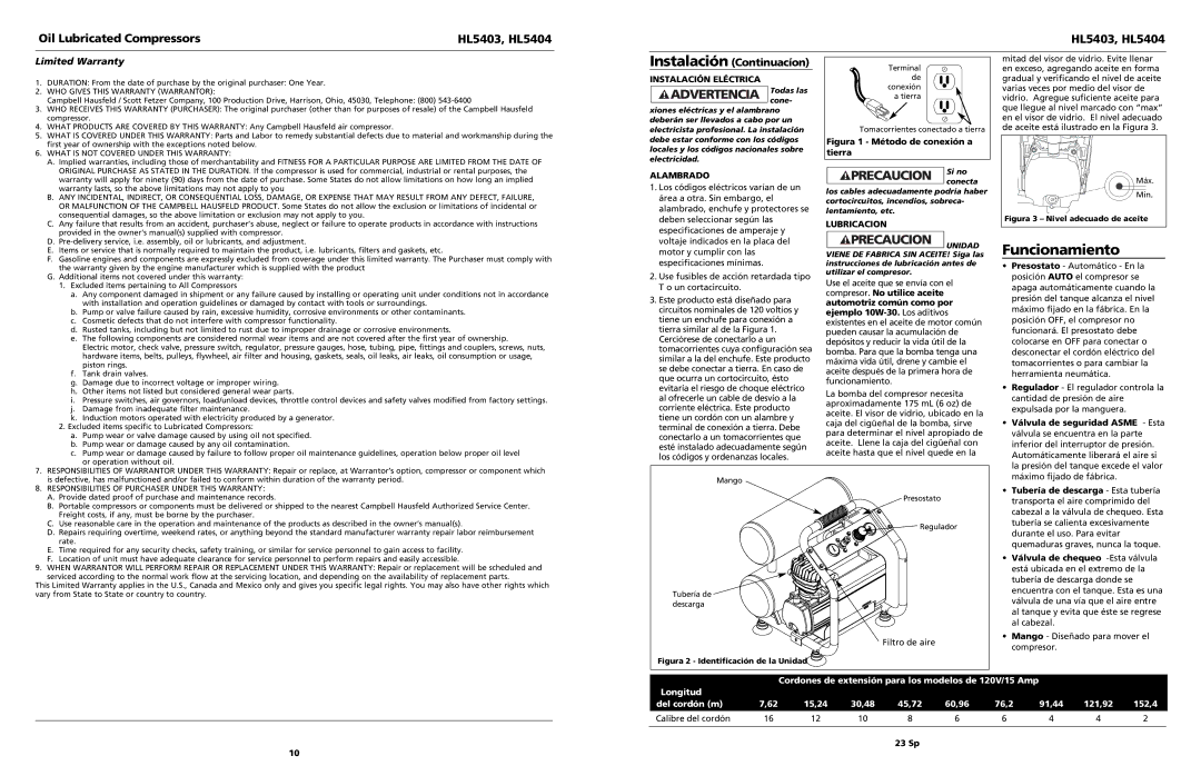 Campbell Hausfeld HL5403 operating instructions Instalación Continuacíon, Instalación Eléctrica, Alambrado, Lubricacion 