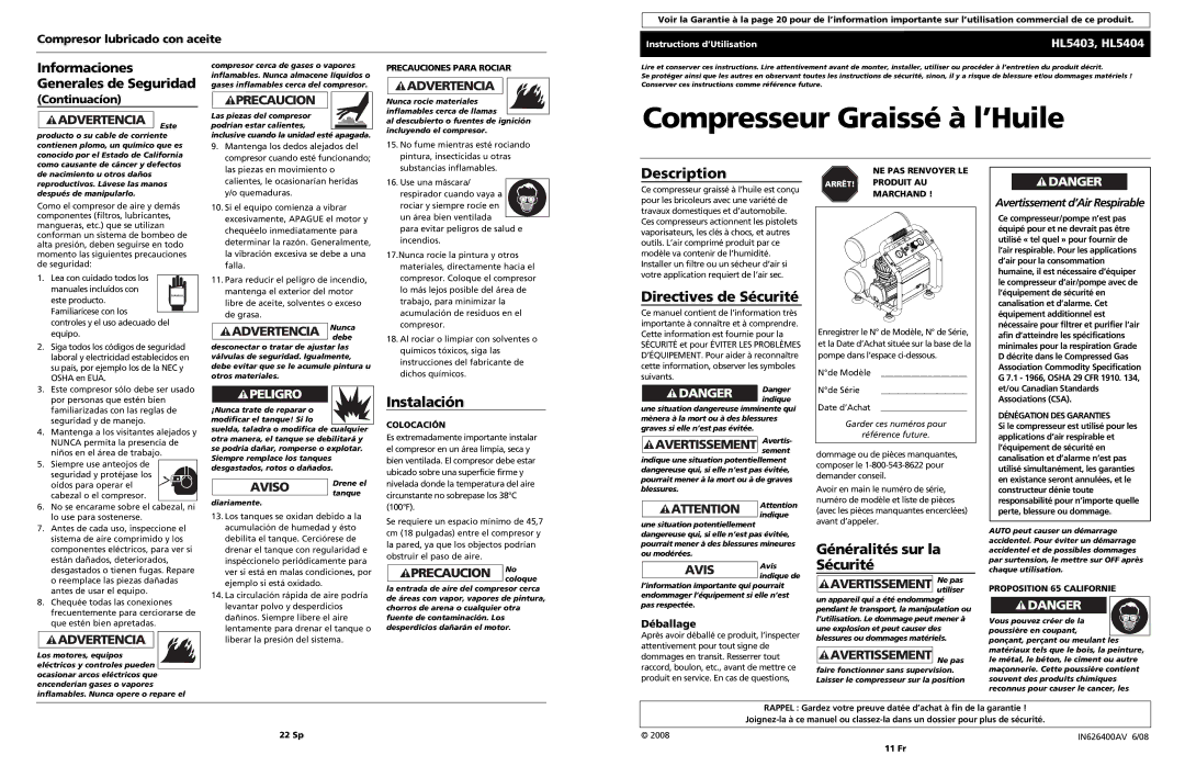 Campbell Hausfeld HL5403 operating instructions Directives de Sécurité, Instalación, Généralités sur la Sécurité, Déballage 