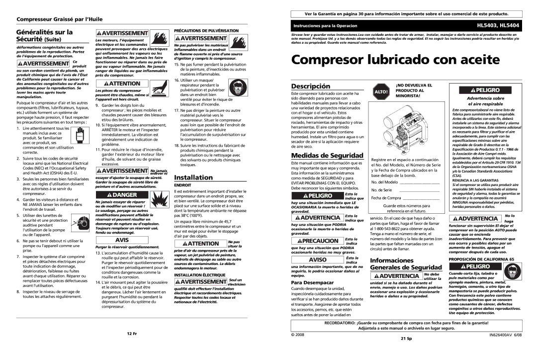 Campbell Hausfeld HL5403 Généralités sur la Sécurité Suite, Descripción, Medidas de Seguridad, Para Desempacar 