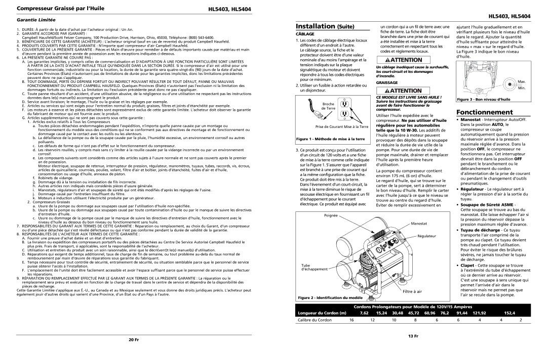 Campbell Hausfeld Installation Suite, Fonctionnement, Compresseur Graissé par l’Huile HL5403, HL5404, Câblage 