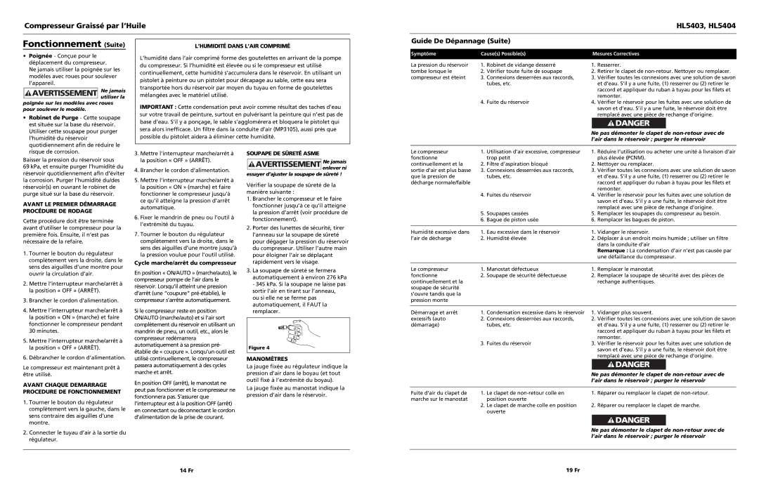 Campbell Hausfeld HL5403 operating instructions Fonctionnement Suite, Guide De Dépannage Suite 