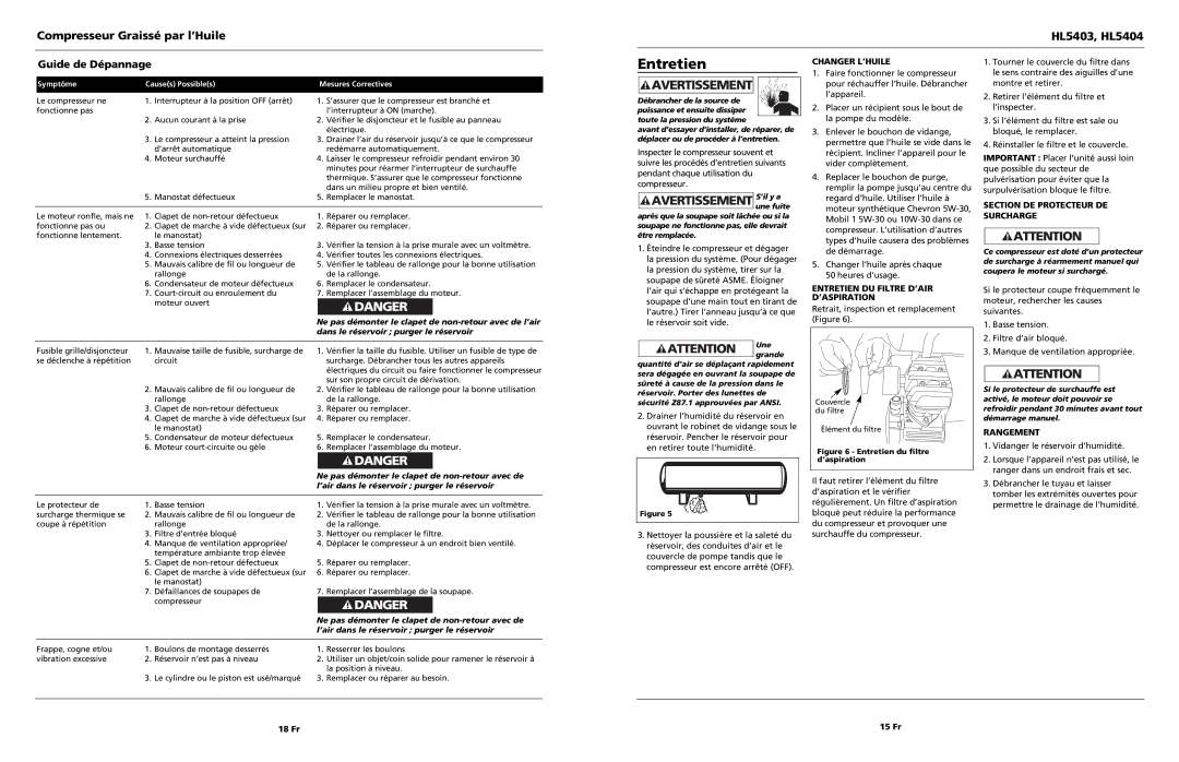 Campbell Hausfeld HL5403 operating instructions Entretien, Guide de Dépannage 