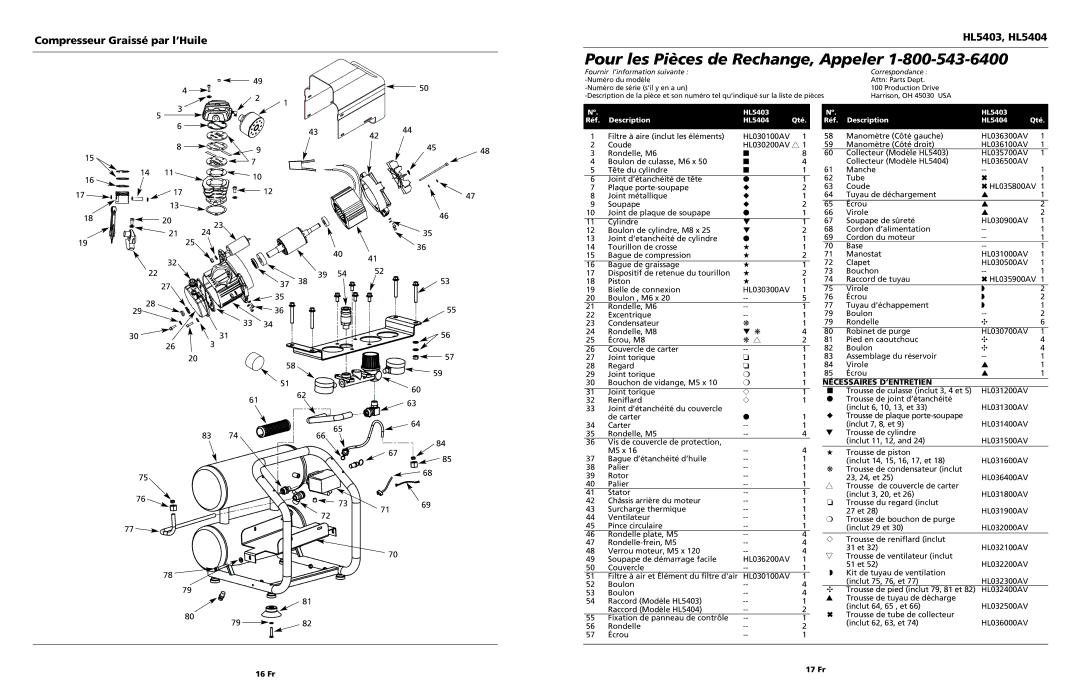 Campbell Hausfeld HL5403 operating instructions Nécessaires D’ENTRETIEN, 16 Fr 17 Fr 