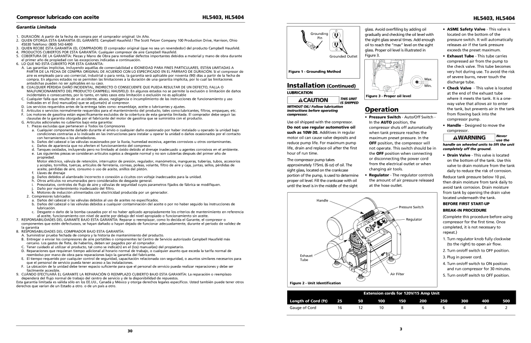 Campbell Hausfeld operating instructions Operation, Compresor lubricado con aceite HL5403, HL5404, Lubrication 