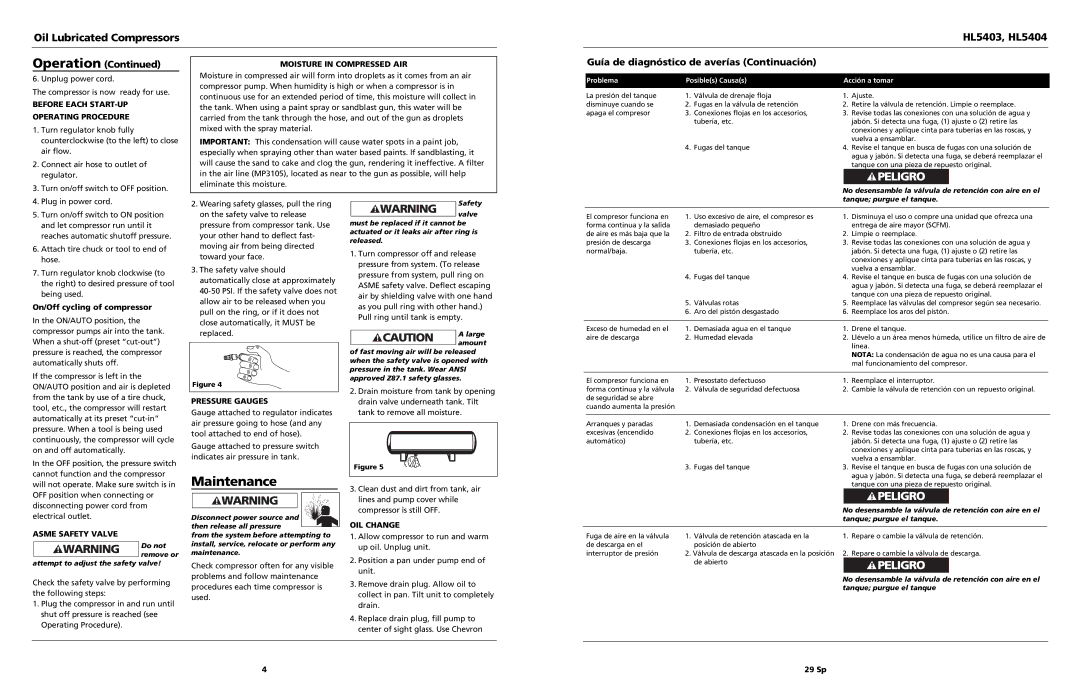 Campbell Hausfeld HL5403 operating instructions Maintenance, Operation, Guía de diagnóstico de averías Continuación 