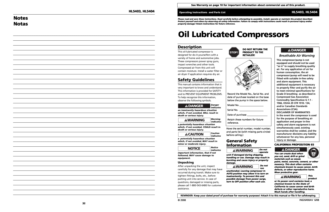 Campbell Hausfeld HL5403 operating instructions Oil Lubricated Compressors, Notes Notas, Description, Safety Guidelines 