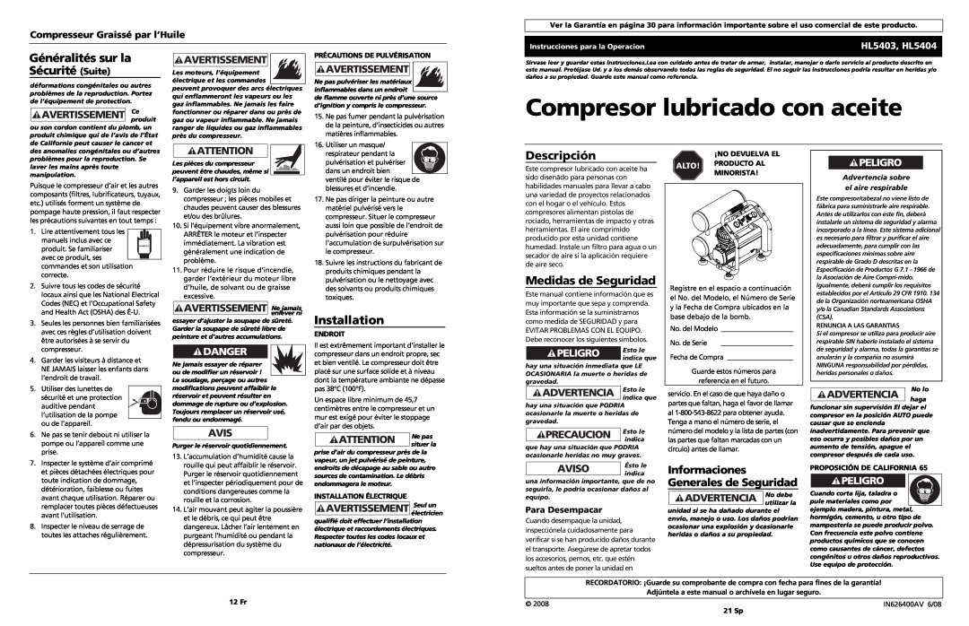 Campbell Hausfeld HL5403 Compresor lubricado con aceite, Généralités sur la Sécurité Suite, Descripción, Para Desempacar 