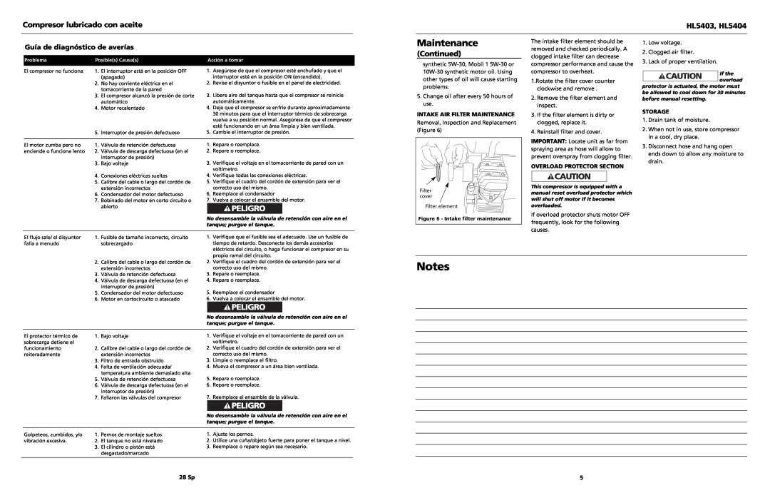 Campbell Hausfeld HL5403 Continued, Guía de diagnóstico de averías, Intake Air Filter Maintenance, Storage, 28 Sp 