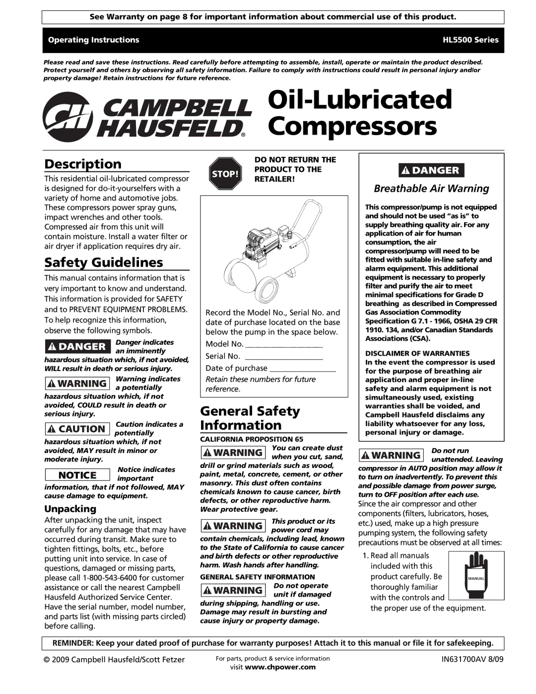 Campbell Hausfeld HS5500 operating instructions Description, Safety Guidelines, General Safety Information, Unpacking 