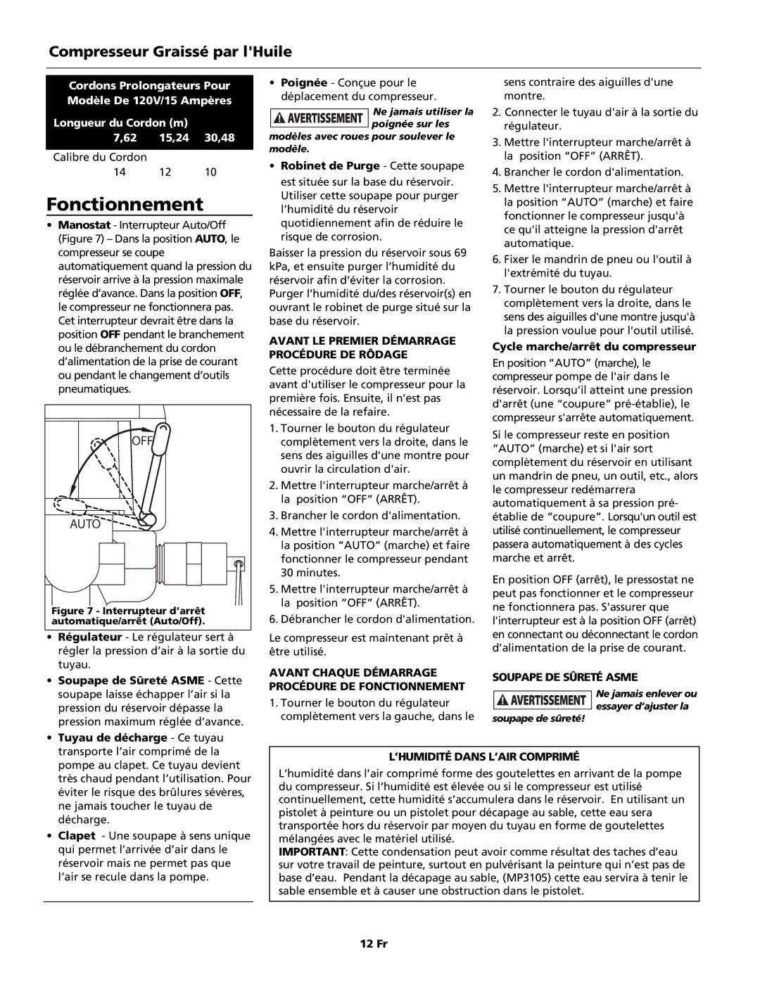 Campbell Hausfeld HL5500 Series Fonctionnement, Avant LE Premier Démarrage Procédure DE Rôdage, Soupape DE Sûreté Asme 