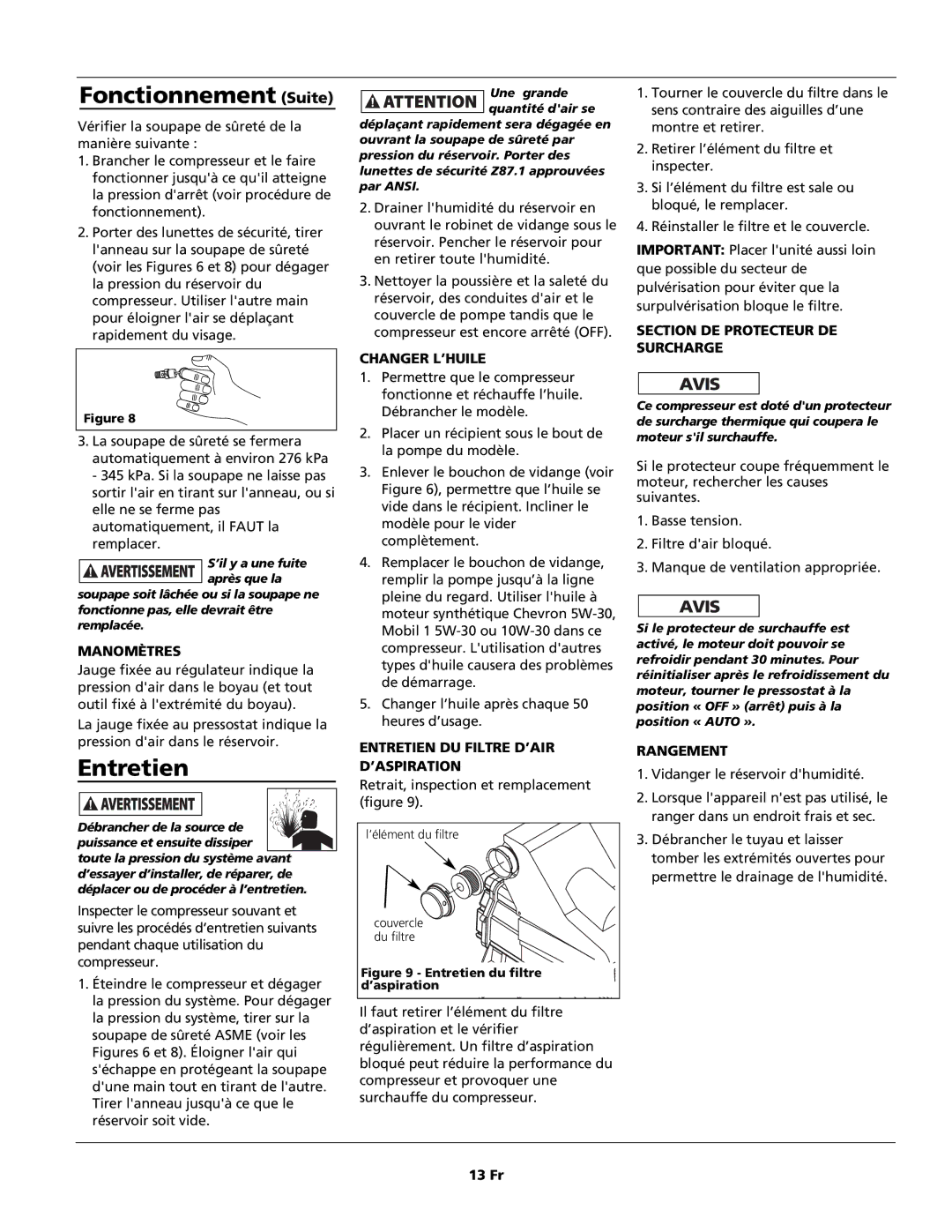 Campbell Hausfeld HS5500, HL5500 Series operating instructions Fonctionnement Suite, Entretien 