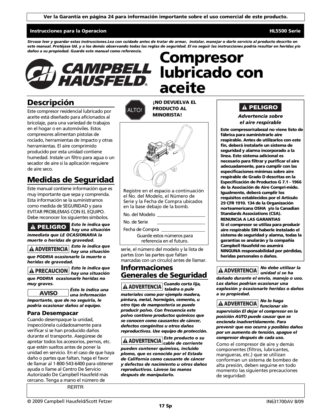 Campbell Hausfeld HS5500 Descripción, Medidas de Seguridad, Para Desempacar, ¡NO Devuelva EL ALTO! Producto AL Minorista 