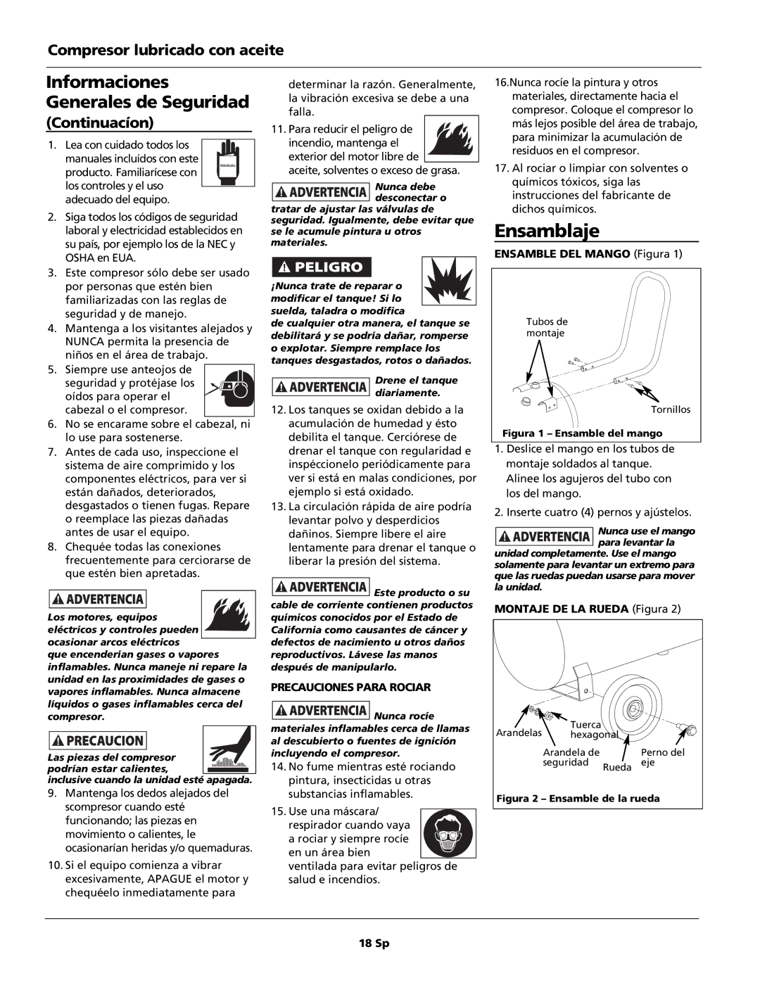 Campbell Hausfeld HL5500 Series, HS5500 Ensamblaje, Compresor lubricado con aceite, Continuacíon, Precauciones Para Rociar 