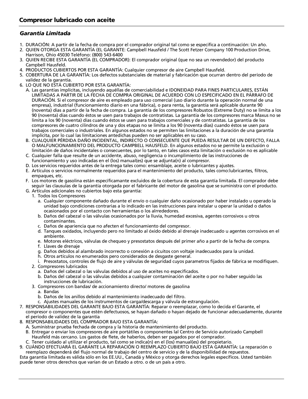 Campbell Hausfeld HL5500 Series, HS5500 operating instructions Garantía Limitada, LO QUE no Está Cubierto POR Esta Garantía 