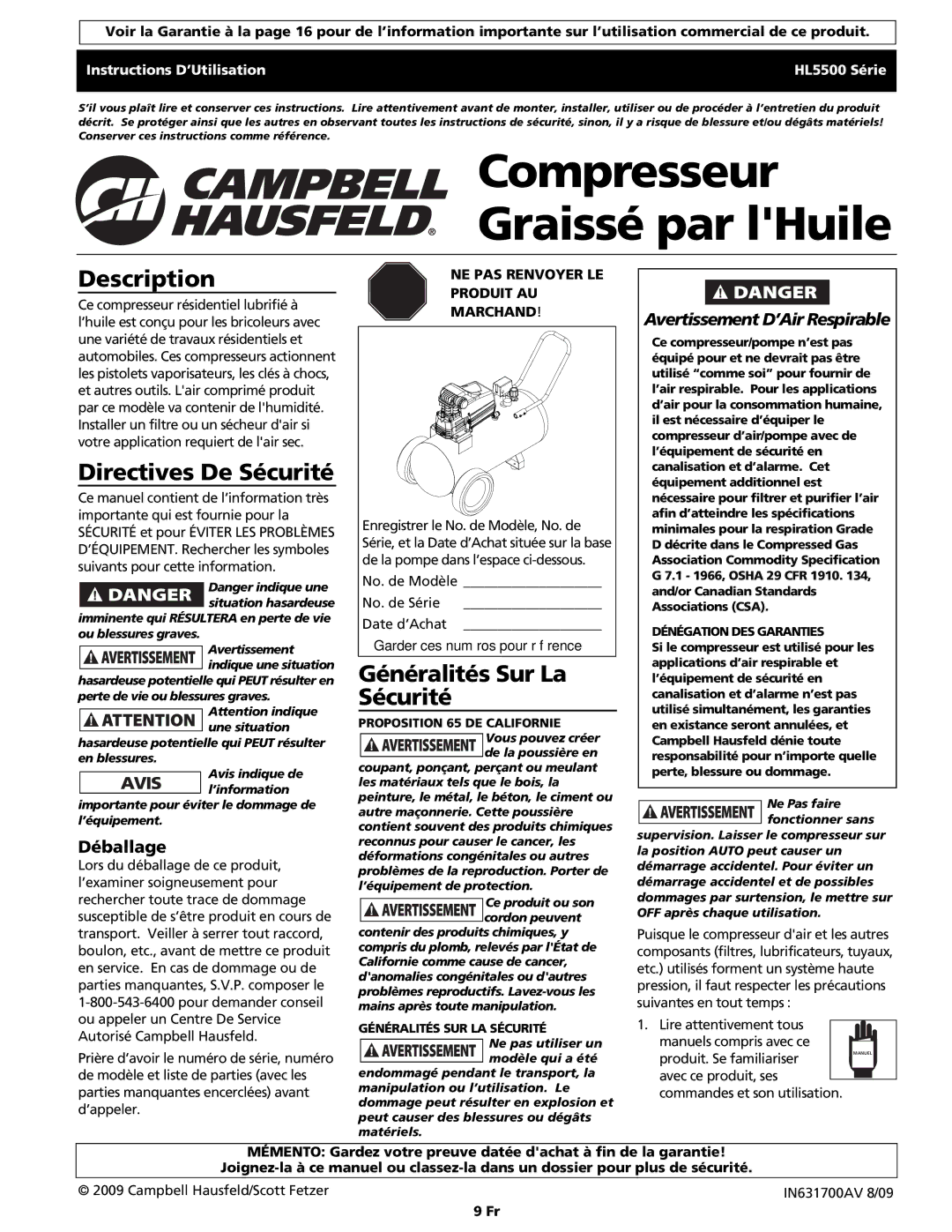 Campbell Hausfeld HS5500 Directives De Sécurité, Généralités Sur La Sécurité, Déballage, Avertissement D’Air Respirable 