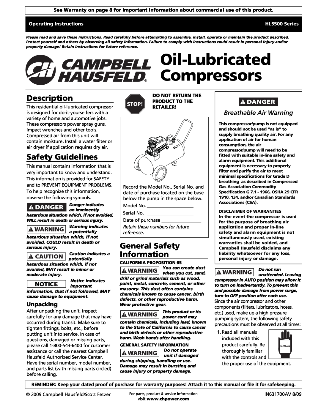 Campbell Hausfeld HS5500 operating instructions Oil-Lubricated Compressors, Description, Safety Guidelines, Unpacking 