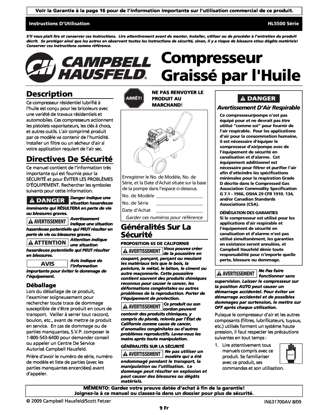 Campbell Hausfeld HS5500 Compresseur Graissé par lHuile, Directives De Sécurité, Généralités Sur La Sécurité, Déballage 