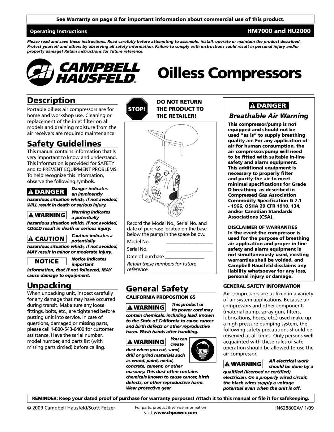 Campbell Hausfeld HM7000, HU2000 operating instructions Description, Safety Guidelines, Unpacking, General Safety 