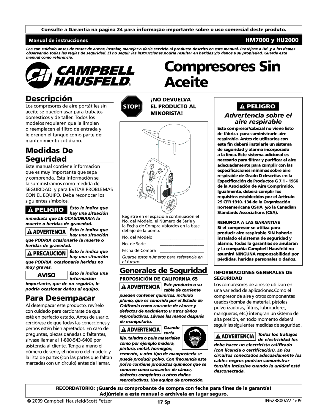 Campbell Hausfeld HM7000, HU2000 Descripción, Medidas De Seguridad, Para Desempacar, Proposición DE California 