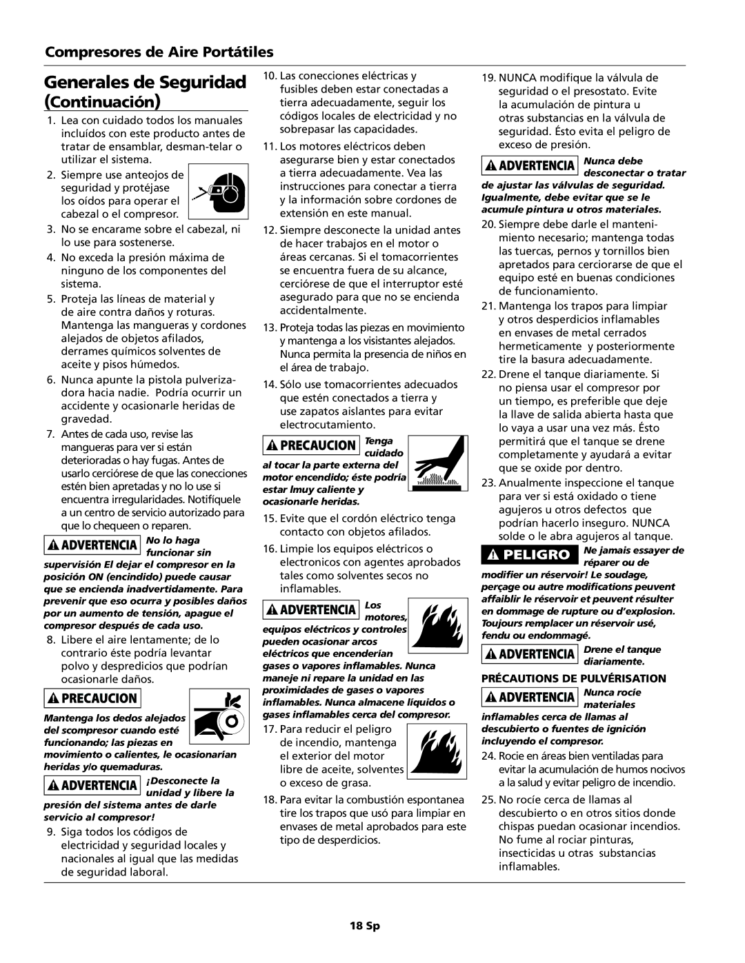 Campbell Hausfeld HU2000, HM7000 operating instructions Generales de Seguridad Continuación, 18 Sp 