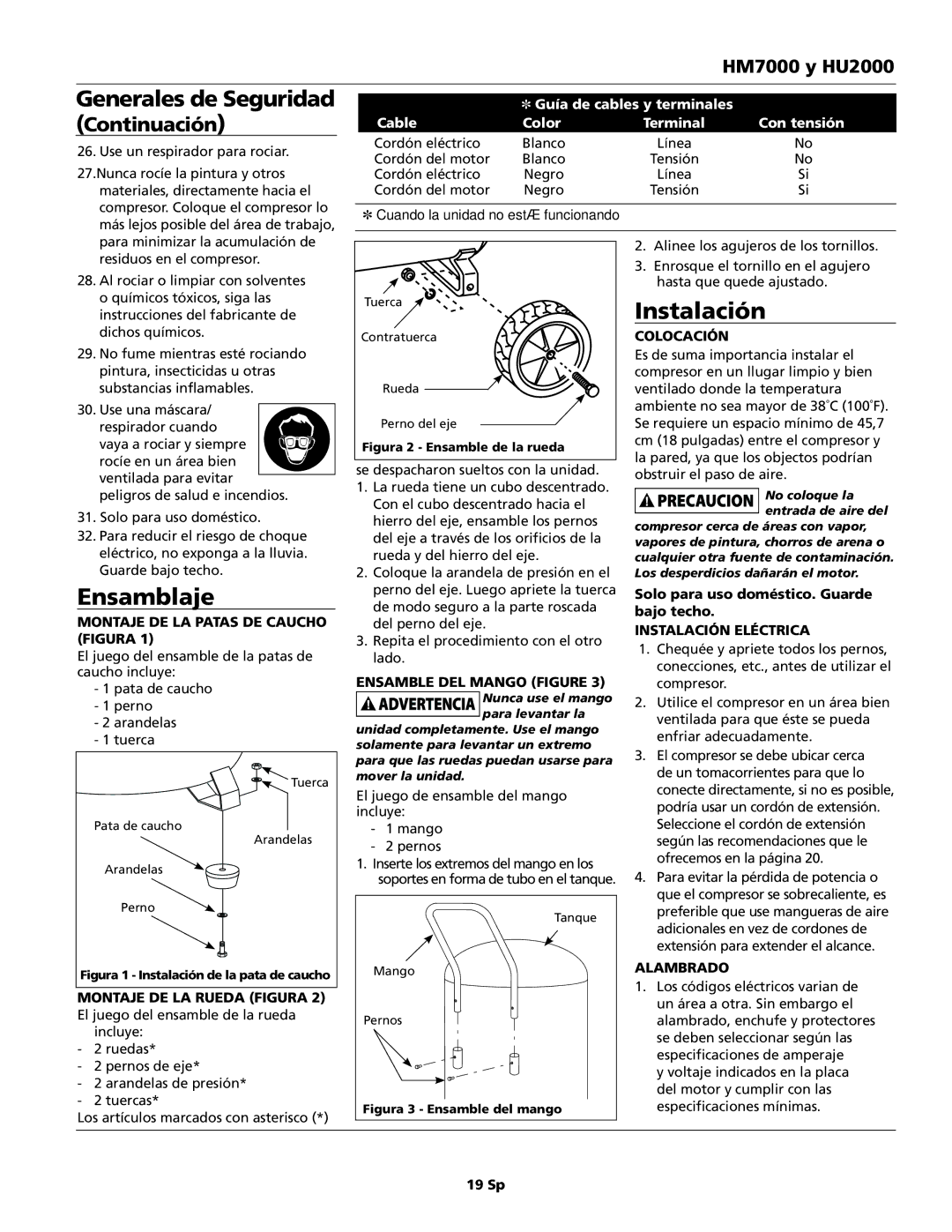 Campbell Hausfeld HM7000, HU2000 operating instructions Ensamblaje, Instalación 