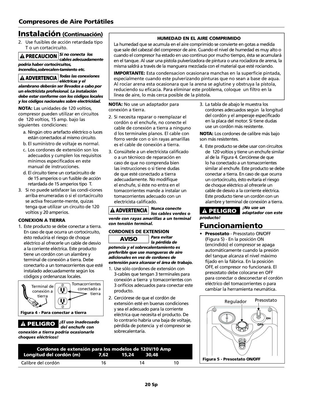 Campbell Hausfeld HU2000 Funcionamiento, Humedad en el aire comprimido, Conexion a tierra, Cordones de Extension, 20 Sp 