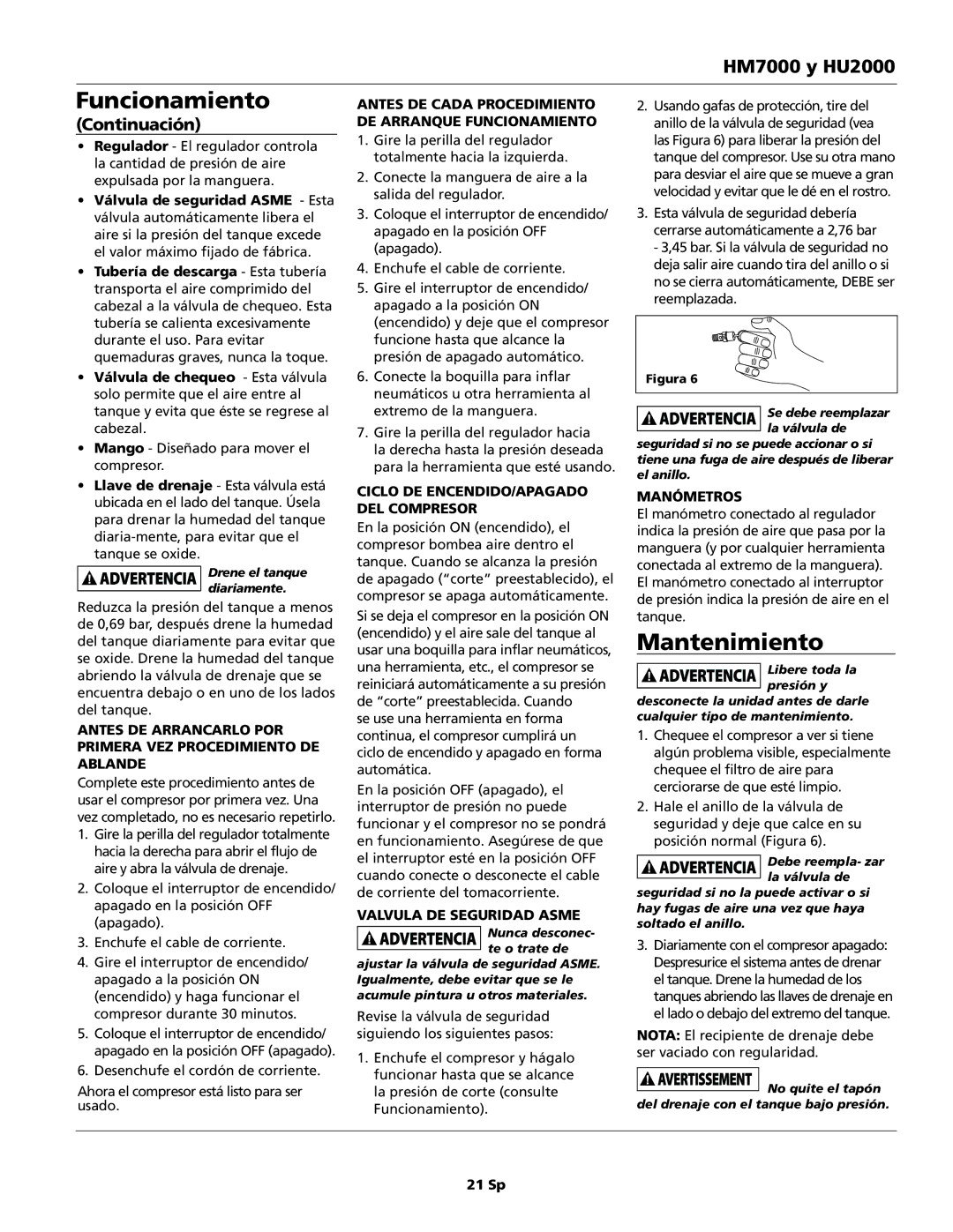 Campbell Hausfeld HM7000, HU2000 operating instructions Mantenimiento, Manómetros 