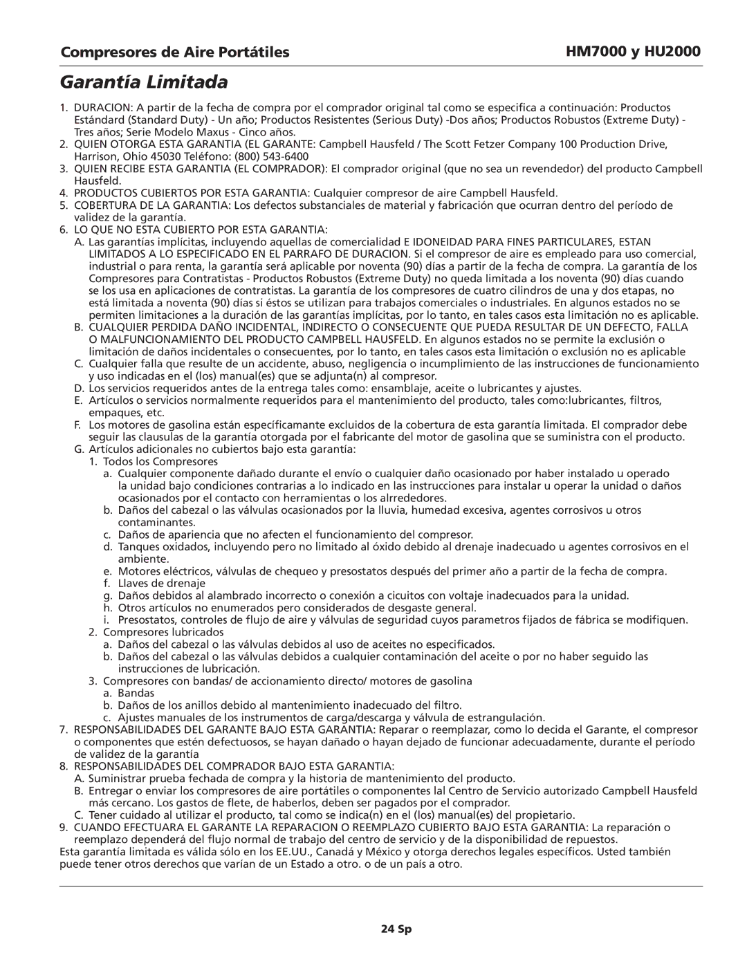 Campbell Hausfeld HU2000, HM7000 operating instructions Garantía Limitada, 24 Sp 