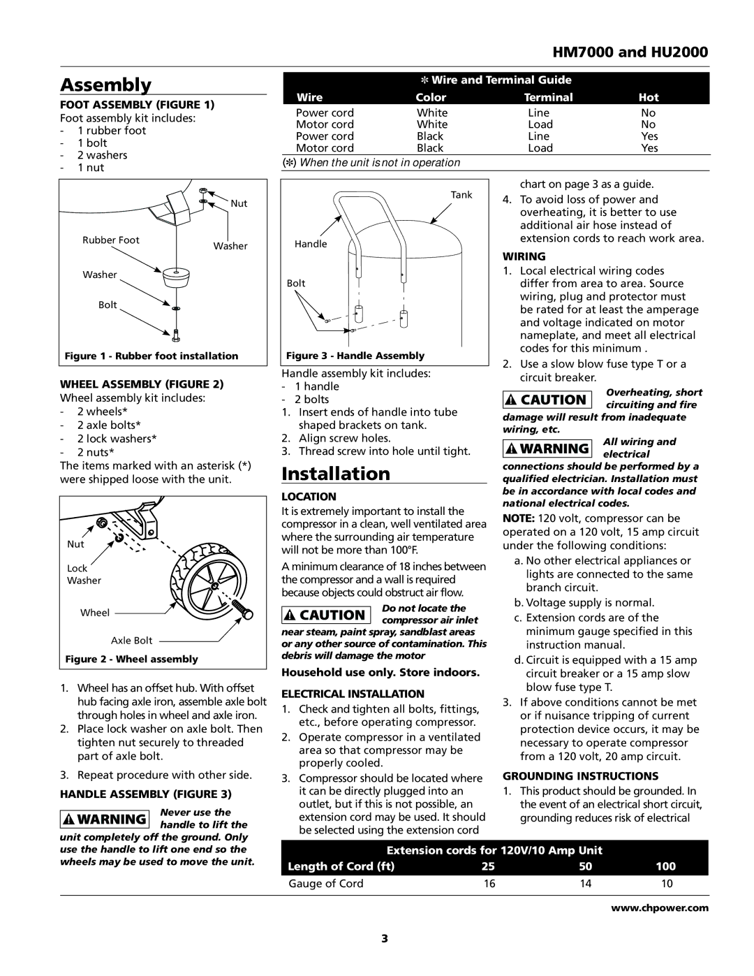 Campbell Hausfeld HM7000, HU2000 operating instructions Assembly, Installation 