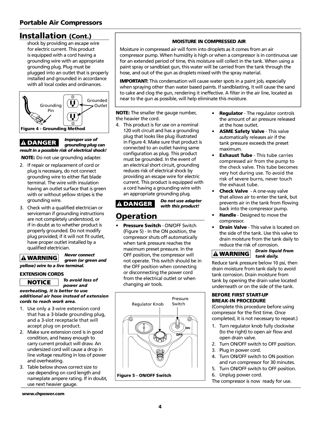 Campbell Hausfeld HU2000, HM7000 operating instructions Operation, Moisture in compressed air, Extension cords 