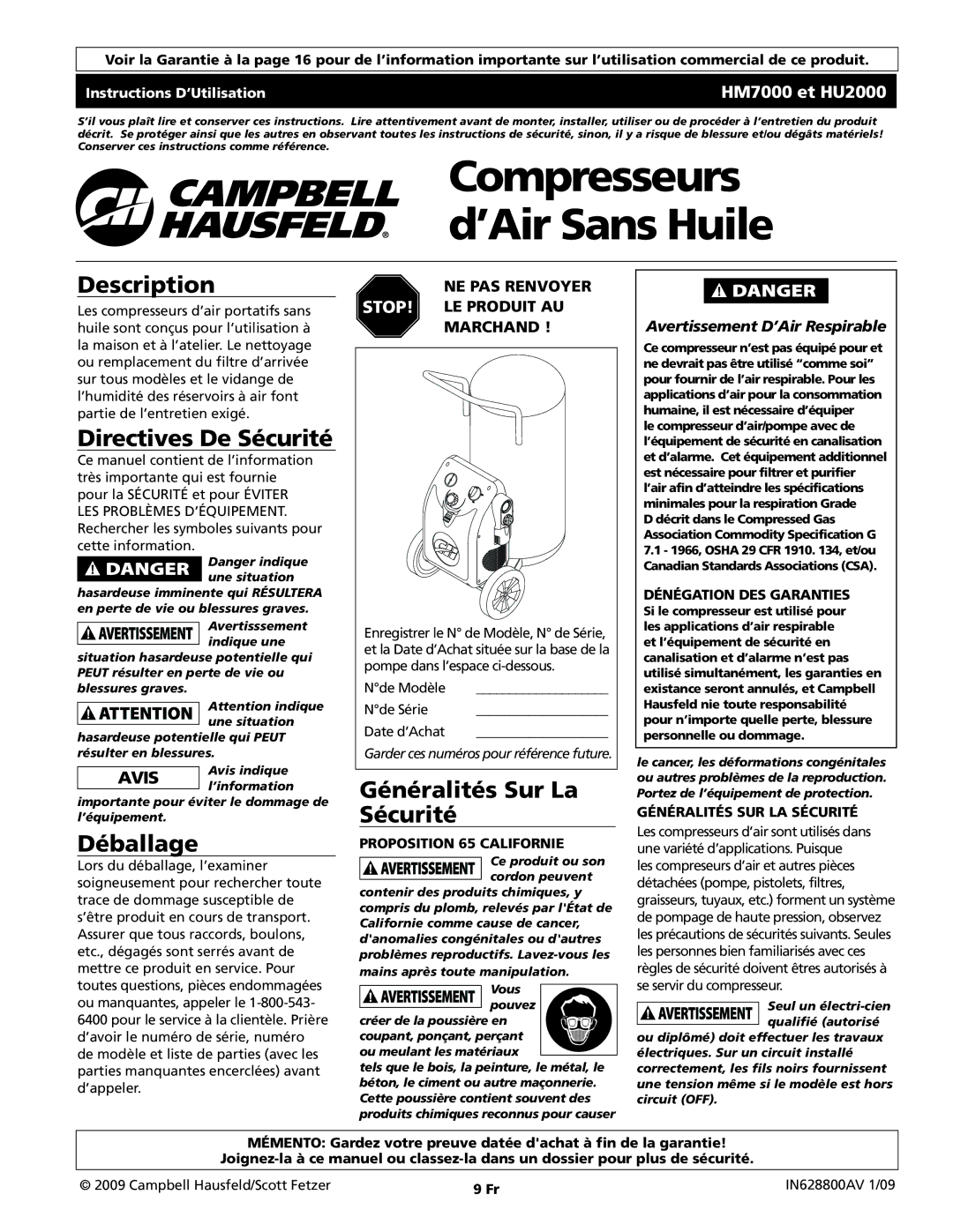 Campbell Hausfeld HM7000, HU2000 Directives De Sécurité, Déballage, Généralités Sur La Sécurité, Dénégation DES Garanties 