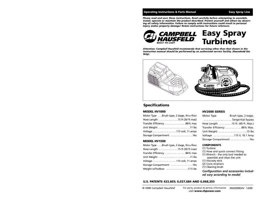 Campbell Hausfeld specifications Specifications, Model HV1000 HV2000 Series, Model HV1500 