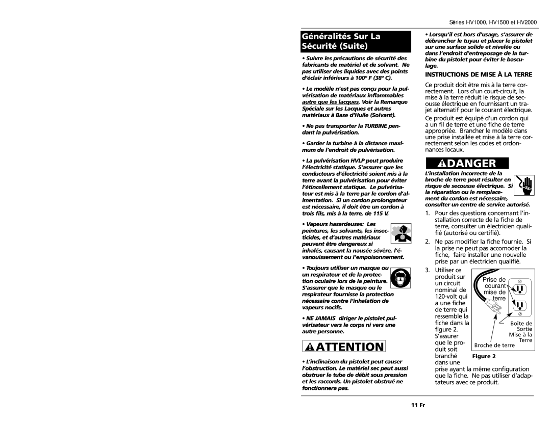 Campbell Hausfeld HV1500 Généralités Sur La Sécurité Suite, Instructions DE Mise À LA Terre, Vapeurs hasardeuses Les 