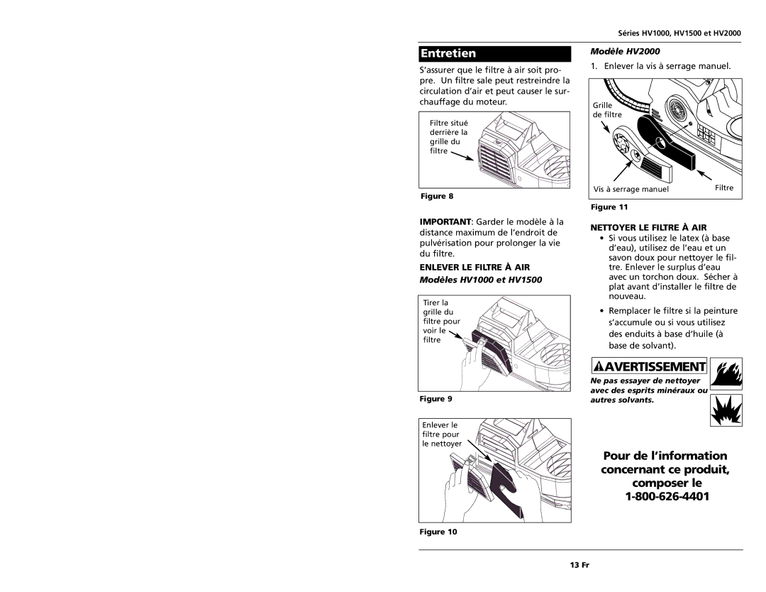 Campbell Hausfeld Entretien, Enlever LE Filtre À AIR, Modèles HV1000 et HV1500, Modèle HV2000, Nettoyer LE Filtre À AIR 