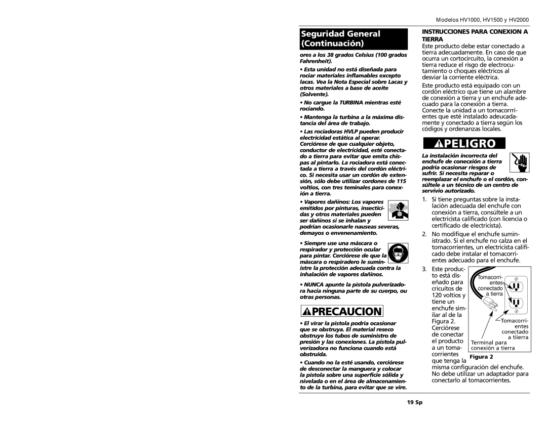 Campbell Hausfeld HV2000 Seguridad General Continuación, Instrucciones Para Conexion a Tierra, Vapores dañinos Los vapores 