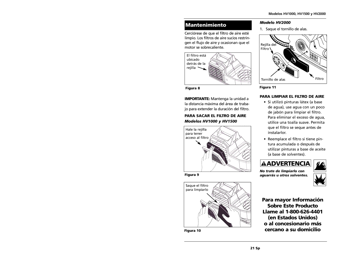 Campbell Hausfeld specifications Mantenimiento, Para Sacar EL Filtro DE Aire, Modelos HV1000 y HV1500, Modelo HV2000 