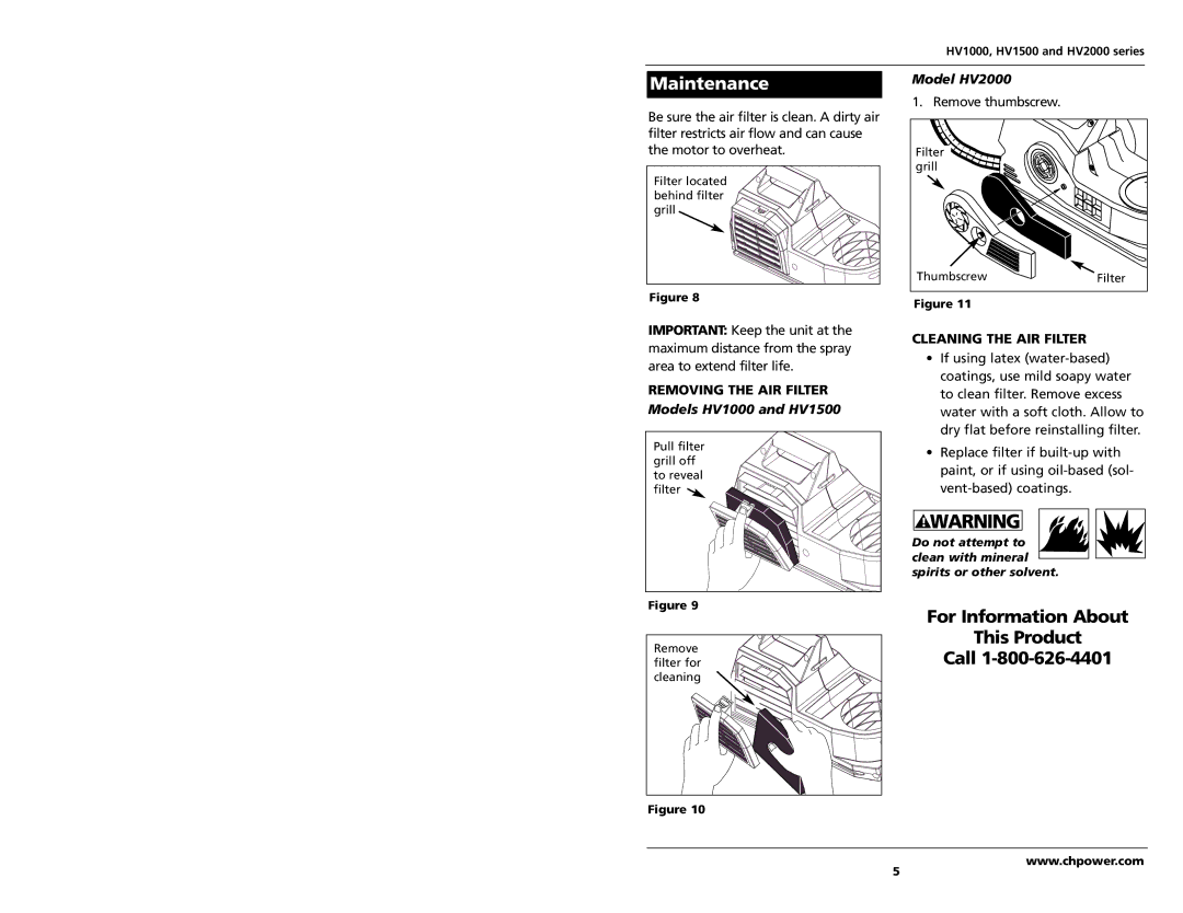 Campbell Hausfeld Maintenance, Removing the AIR Filter, Models HV1000 and HV1500, Model HV2000, Cleaning the AIR Filter 