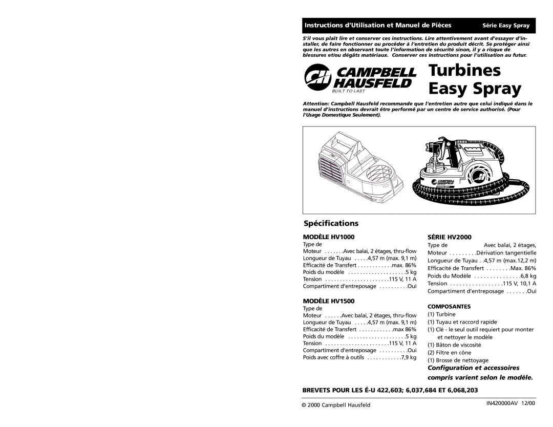 Campbell Hausfeld specifications Spécifications, Modèle HV1000, Série HV2000, Modèle HV1500 