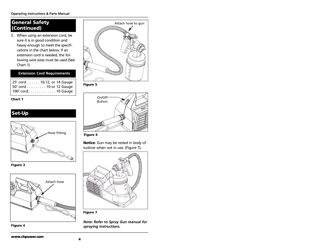 Campbell Hausfeld HV1000 Set-Up, Extension Cord Requirements, Note Refer to Spray Gun manual for spraying instructions 