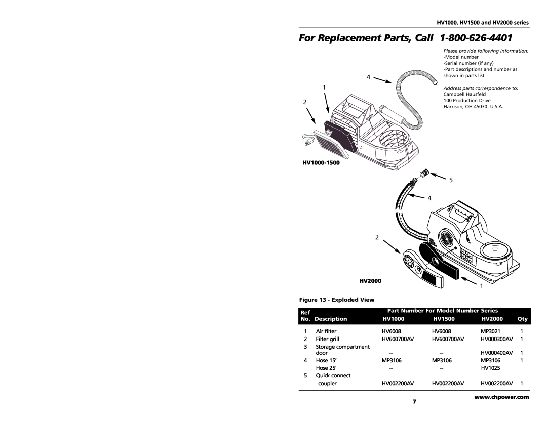 Campbell Hausfeld For Replacement Parts, Call, HV1000, HV1500 and HV2000 series, HV1000-1500, Exploded View 