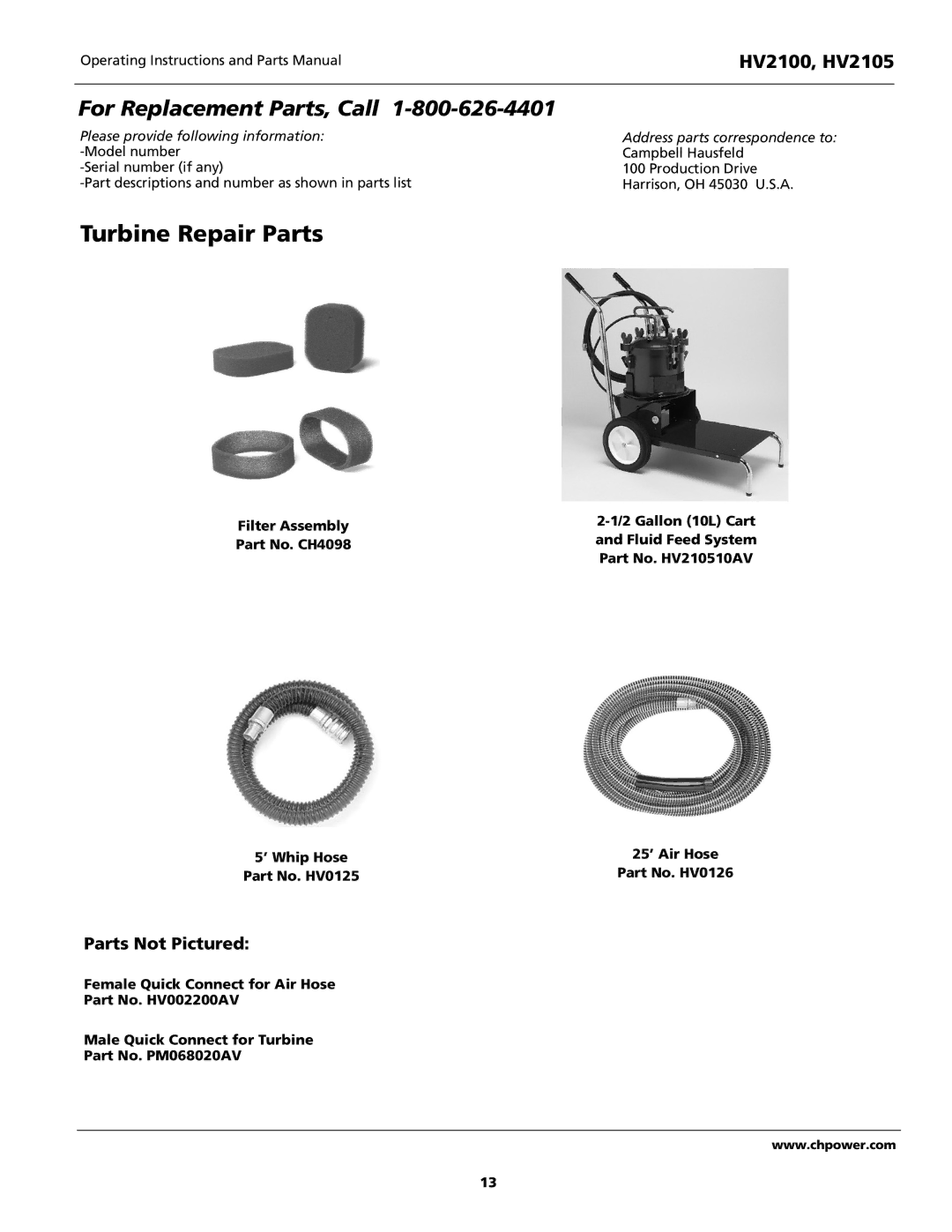 Campbell Hausfeld HV2100, HV2105 operating instructions Turbine Repair Parts, Parts Not Pictured 