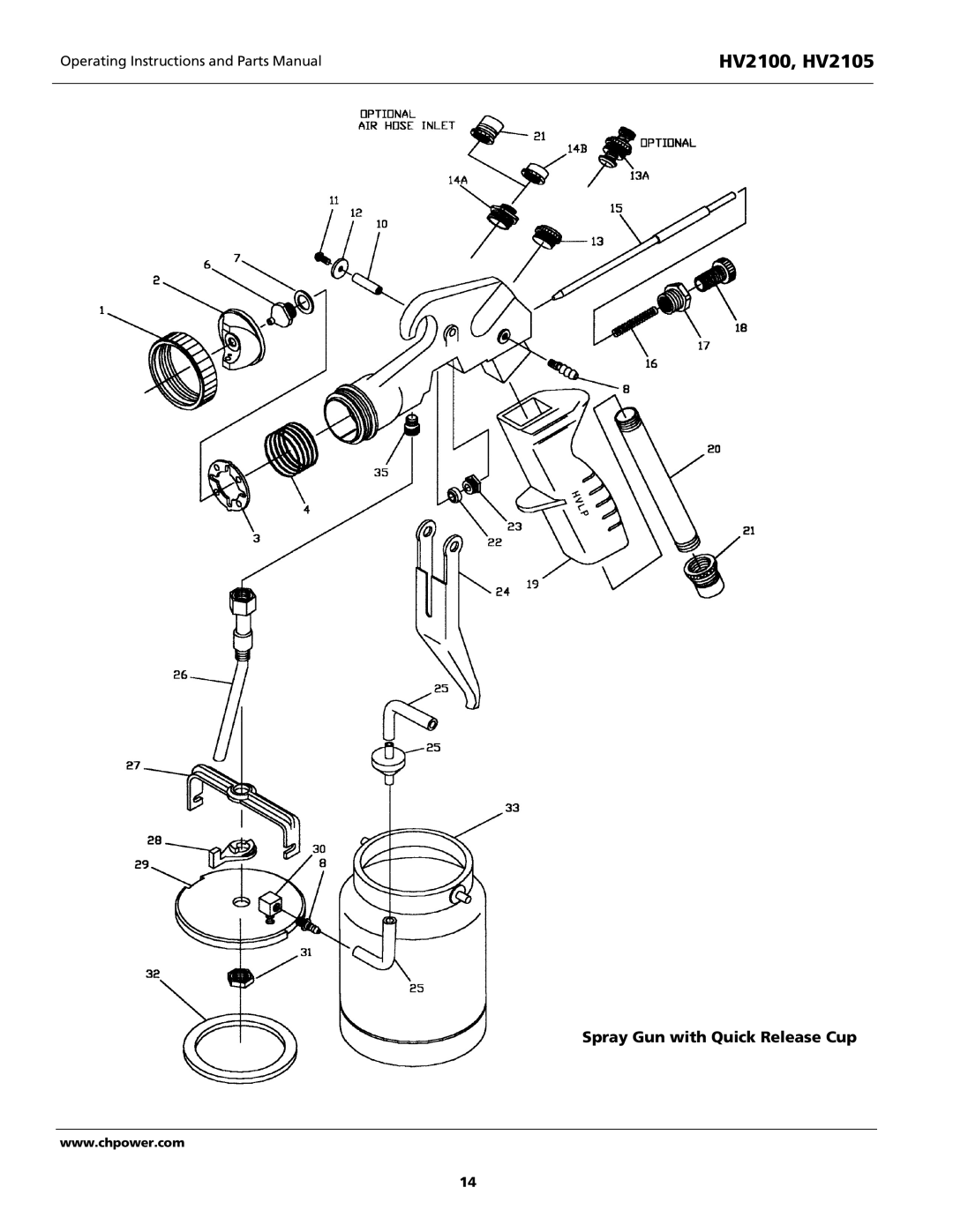 Campbell Hausfeld HV2105, HV2100 operating instructions Spray Gun with Quick Release Cup 