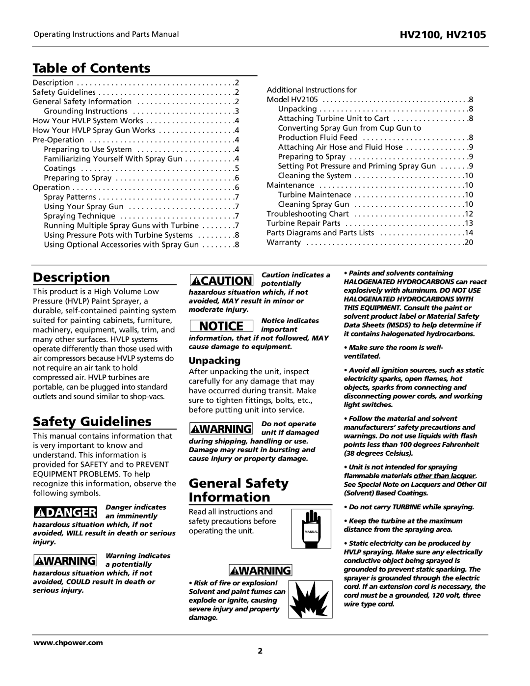 Campbell Hausfeld HV2105, HV2100 Table of Contents, Description, Safety Guidelines, General Safety Information 