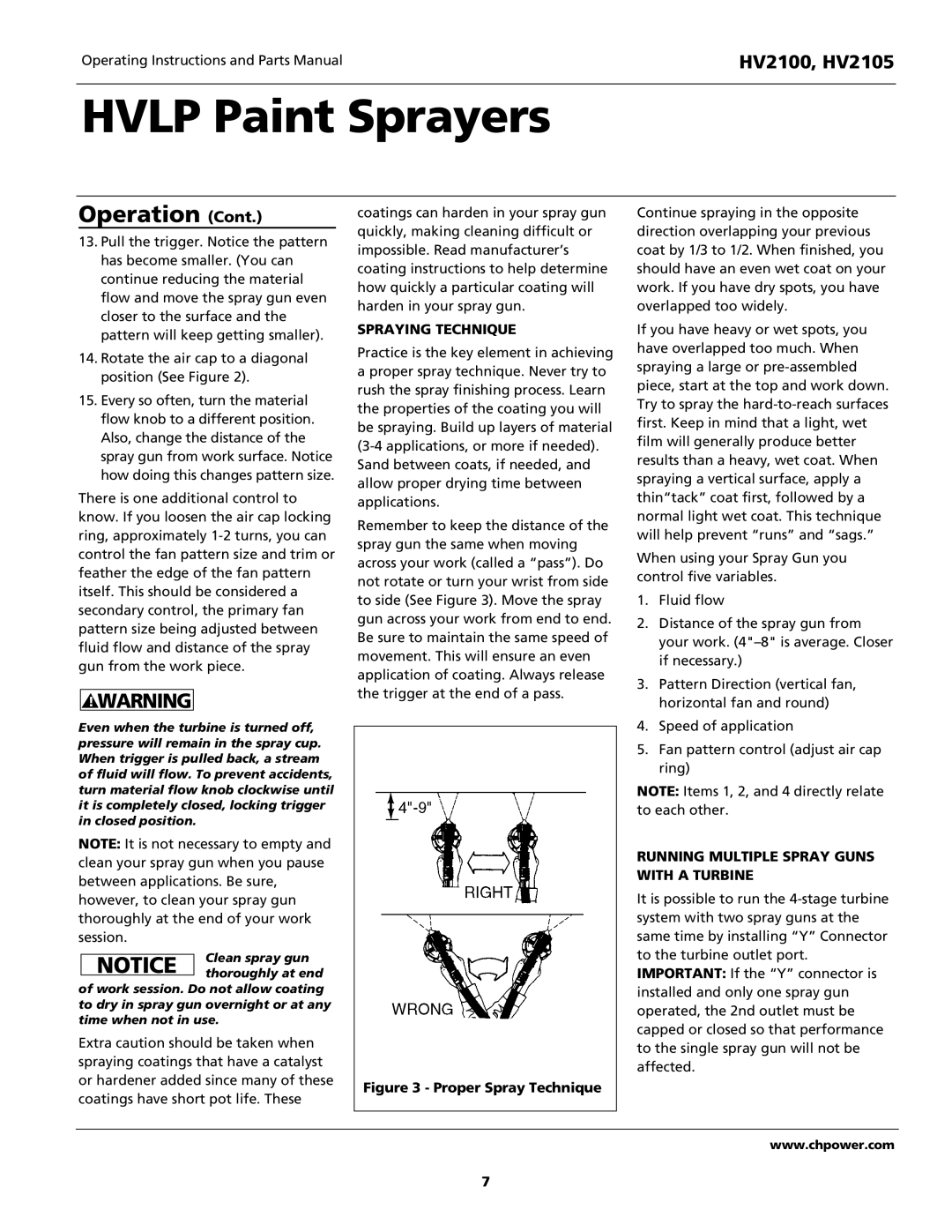 Campbell Hausfeld HV2100, HV2105 operating instructions Spraying Technique, Running Multiple Spray Guns with a Turbine 